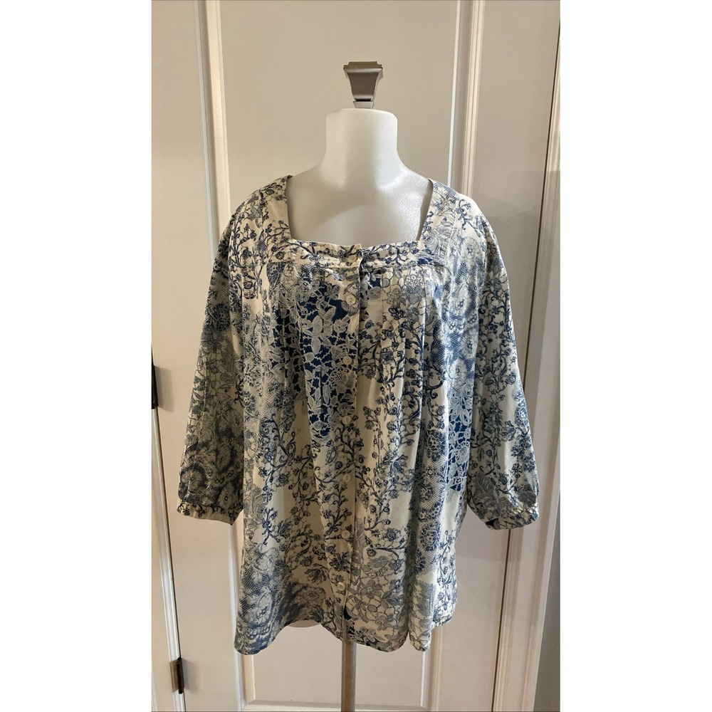 Lemon Grass Studio Square Neck Button Up Shirt Size 3X Floral Blue White Cottage